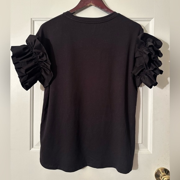 RO & DE XS Black SOFT Stretchy Crew Neck Ruffled Sleeve Smile Hem Hi Lo MADE USA - Picture 11 of 11